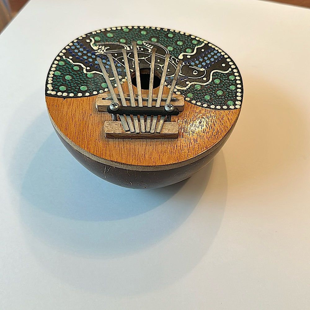 Indonesian Kalimba Thumb Piano About 7” Diameter Coconut Shell Vintage